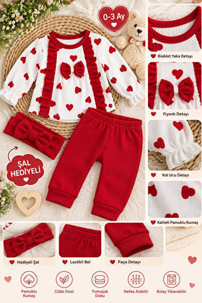 HELMİRA Baby Girl Heart Ruffle Bow 3-Piece Set Long Sleeve Top, Pants, and Ba...