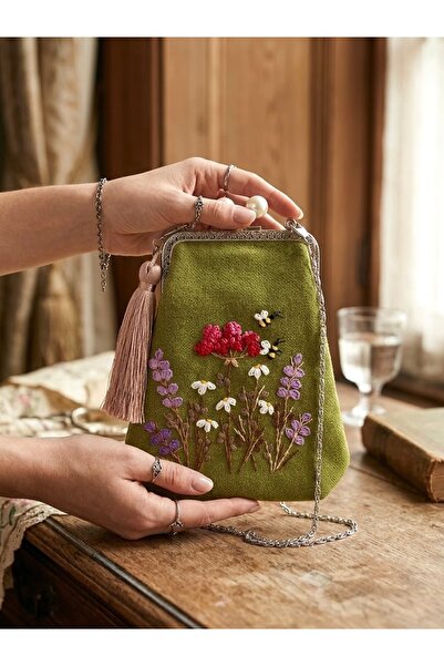 Arzu Demir 100% Hand Embroidered Vintage Khaki Linen Bag. Wildflower Themed ....