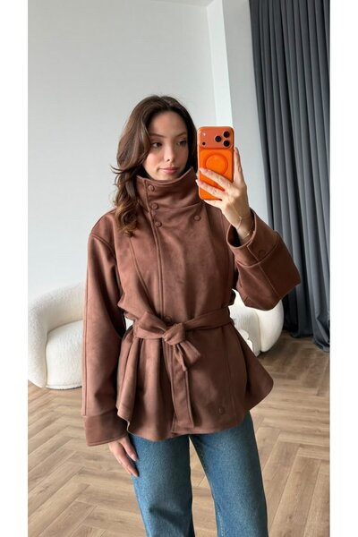 Blanco Women's Imported Soft Textured Zr Model High Collar Belted Suede Jacket