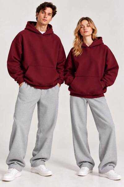 Unisex Oversize Bordo 3 İplik Şardonlu Kapüşonlu Kanguru Cep Sweatshirt Hoodie