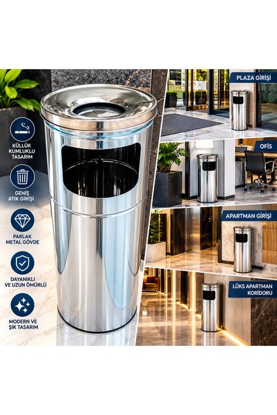 OLİWAM Kolon Küllüklü Çöp Kovası (Kumluklu) – 25 Litre, 430 Kalite Paslanmaz ...