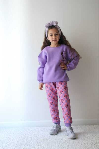 ARBİ kids Girl's Purple Three-Threaded Ribbed 100% Cotton Double Set