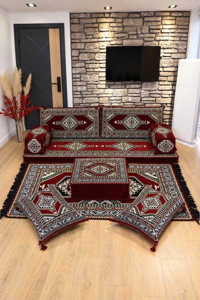 FEYZA DECOR HOME Otantik Saraylı Desenli 9 Parça Şark Köşesi Puf ve Kilim Seti