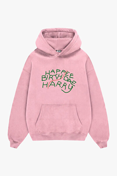 Sekizbiraltı هودي Happee Birthdae Harry مطبوع باللون الوردي كبير الحجم للجنسين