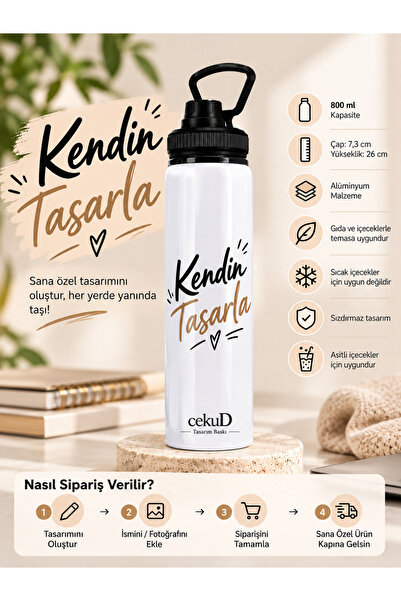 cekud tasarım baskı Kişiye Özel 800 ml Matara Kendin Tasarla İsim Fotoğraf Ba...