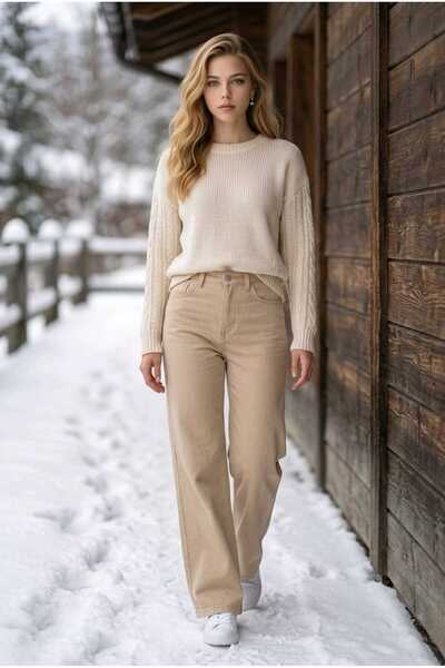 hies Cream Palazzo Jeans - High Waist, Soft Lycra, Stretchy, Wide Legs, Women...