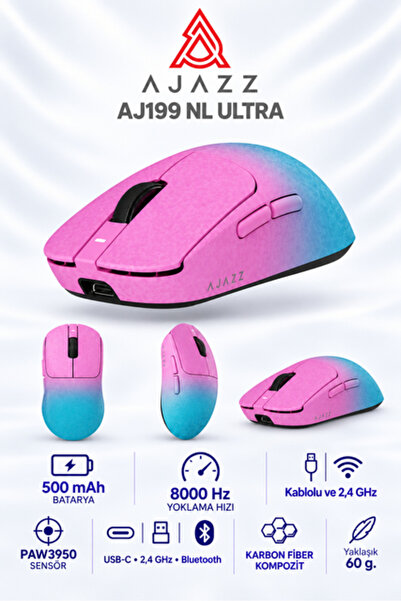 AJ199 NL Ultra PAW3950 8000 Hz Kablosuz Oyuncu Mouse Pembe