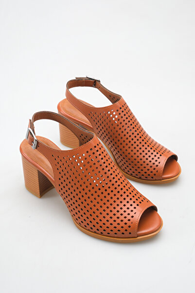 Rella Tan Laser Cut Women's Open Toe Thick Heeled Daily Sandals