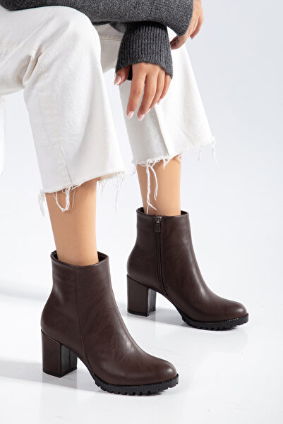 Dubais Shoes Γυναικείες καφέ δερμάτινες μπότες με φερμουάρ μέχρι τον αστράγαλ...