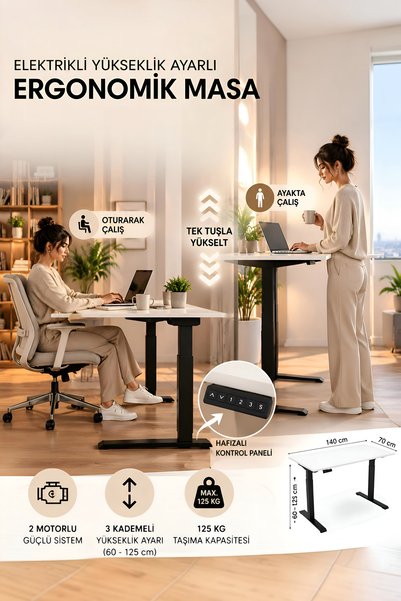 Nexo Elektrikli Yükseklik Ayarlı Siyah Ayaklı Ergonomik Masa Beyaz