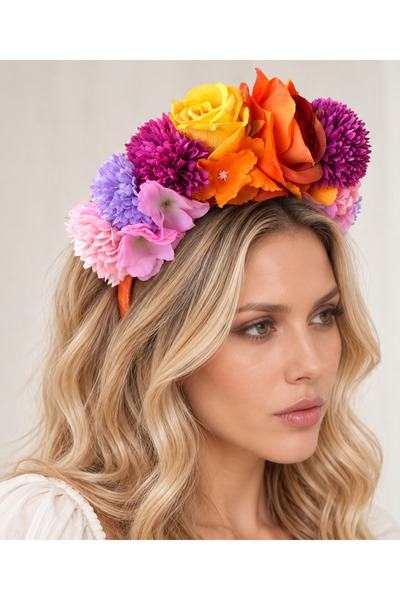 Bukiro Floral Crown Yellow Orange Red Burgundy Fuchsia Pink Purple Lilac Colorful Large Volume Rose and Flower Detailed Women's Hair Crown Festival Wedding Engagement Party Accessory