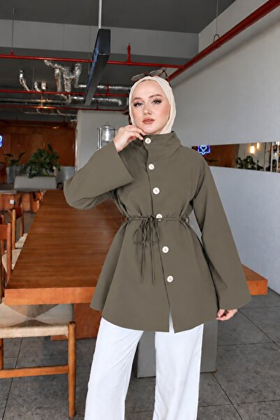 onlymoon Women's Hijab High Collar Tie-Up Trench Coat Jacket |   Stylish Outerwear Suitable for Daily Use |   Modern Design with Waist Tie |   Comfortable and Elegant Women's Trench Coat Jacket Model Suitable for Hijab Outfits