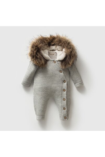 STRAWBABY Nipperland Hooded Fur Detailed Plush Inside Baby Knitwear Jumpsuit ...
