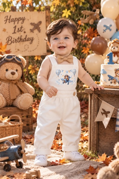 Feriatolye Teddy Bear and Airplane Themed Boys' Birthday Pants Overalls Bow T...