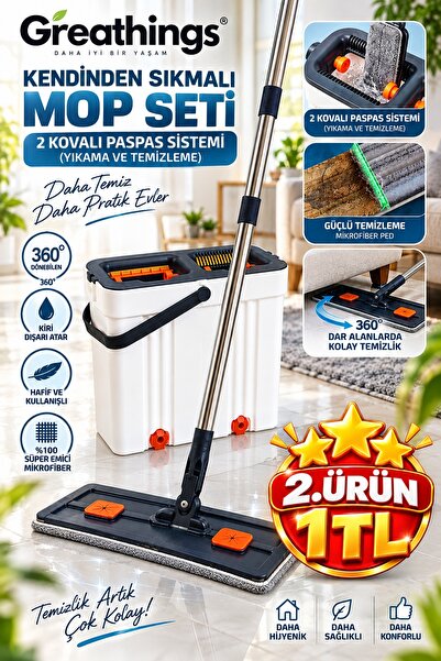 Greathings 360° Kendinden Sıkmalı Mop Seti 2 Bölmeli Kovalı Mikrofiber Paspas...
