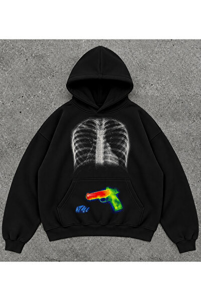 Rontgen, Xray Baskılı Siyah Unisex Kapşonlu Sweatshirt Hoodie