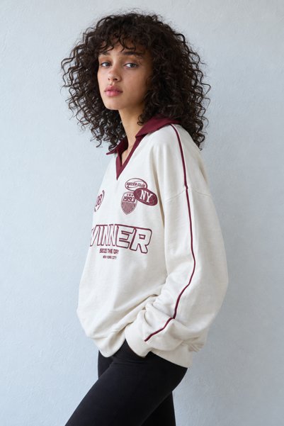 Asfaha Fashion Women's White Claret Red Polo Collar Winner Printed Oversize Sweatshirt