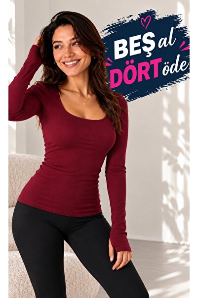 moda felinya Women's Square Neck Long Sleeve Finger-Through Detail Burgundy B...