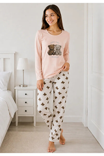 TOSKI Pijama dama Roz Pudra/Alb, bluza cu maneca lunga si imprimeu ursuti, pa...