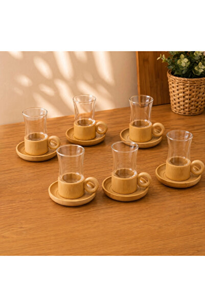 Marsilyan 12 Parça Çay Seti - Bambu Bardak Altığı - Çift Cidarlı Cam - 150 ml