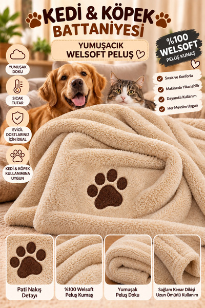 BeybiNest kedi ve köpek battaniyesi Pati nakış detayli Welsoft peluş