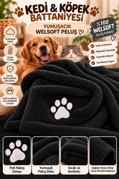 BeybiNest kedi ve köpek battaniyesi Pati nakış detayli Welsoft peluş