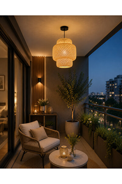 Doğal Hasır Görünümlü 3 Katlı Modern Sarkıt Avize – Balkon, Salon ve Mutfak Uyumlu