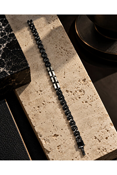 higo Torino Men's Stainless Steel Black Silver Detailed Bracelet