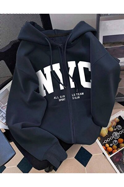 trendgar Navy Blue Nyc Printed Zippered Hooded Cardigan Sweatshirt