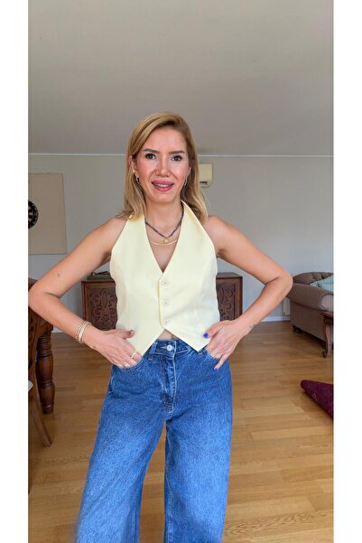 Halter Yaka Düğmeli Kısa Yelek