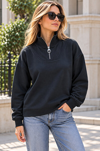MERİDE Kadın Fermuarlı Dik Yaka Oversize Sweatshirt- 00106-Lacivert - XL