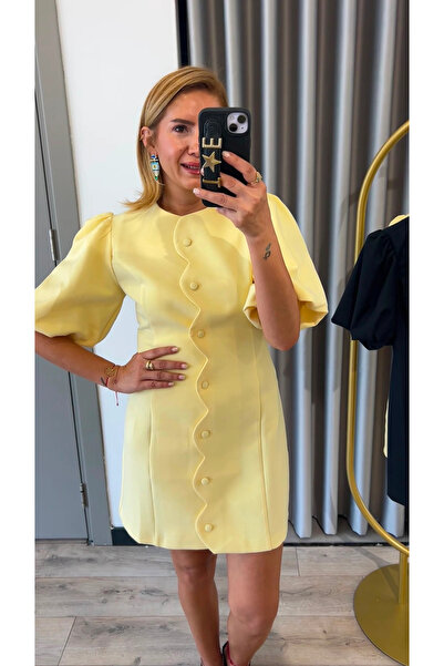 Lacivert Puf Kollu Mini Elbise