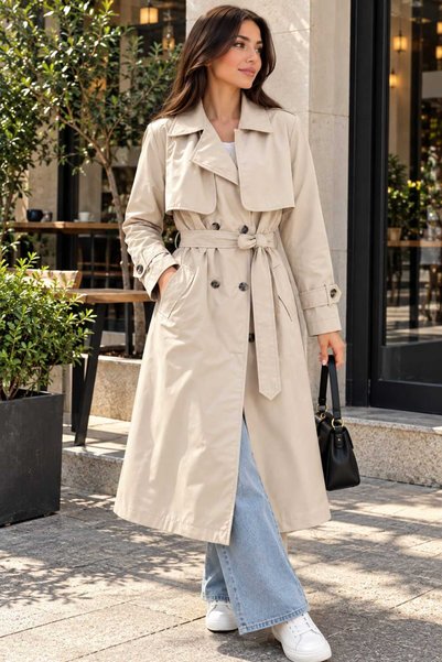 AKŞTEKSTİL Women's Windproof Long Trench Coat with Detailing and Belt