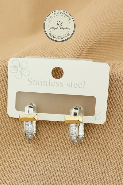 Keyifli Hayaller Steel Earrings - Gold Silver Stone Steel Hoop Earrings 1 Pair Daily Use