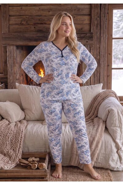 TOSKI Pijama Damă Big Size, 100% Bumbac, Mânecă Lungă și Pantaloni Lungi, Imprimeu Floral Albastru, Confor