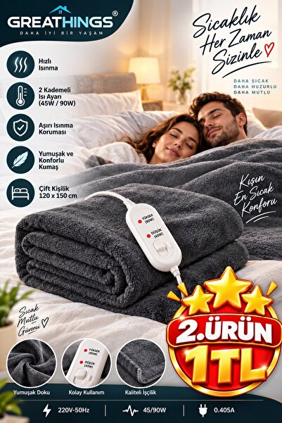 Greathings 120x150 cm Çift Kişilik Elektrikli Alt Battaniye 45/90W 2 Kademeli...