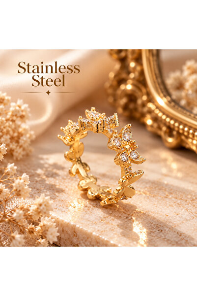 stainless steell Gold Color Zircon Stone Adjustable Butterfly Model Ring