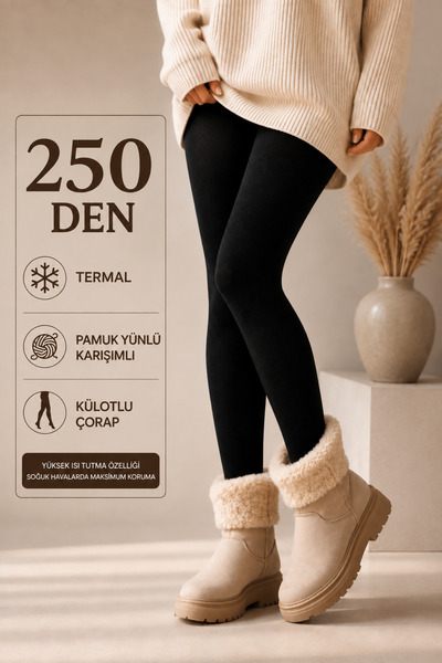 PJ & Me 250 DEN Termal Kadın Külotlu Çorap Pamuk Yün Karışımlı Kalın Kışlık S...