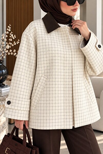 SHEZAN MODA Kadın Kahverengi Ekose Desenli Oversize Ceket SZ-470104710