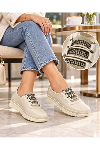 SOLERIUM SHOES Kadın Lastik Detay Taşlı Anne Ayakkabısı Günlük Ayakkabı Babet