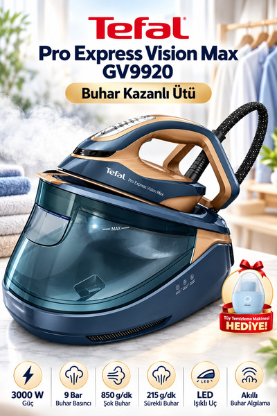 TEFAL Pro Express Vision Max GV9920 3000W 9 Bar 850 g/dk Şok Buhar Kazanlı Ütü + Tüy Temizleme Makinesi Hediye