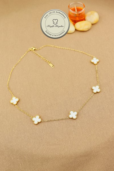 Keyifli Hayaller Steel Necklace - White Clover Stone Double-Sided 316L Steel Necklace, Non-Tarnishable, Non-Fading, 42+5cm