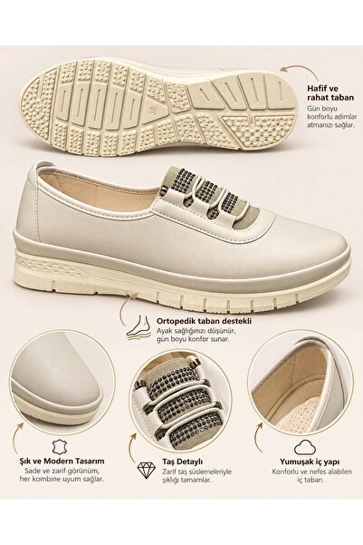 SOLERIUM SHOES Kadın Lastik Detay Taşlı Anne Ayakkabısı Günlük Ayakkabı Babet