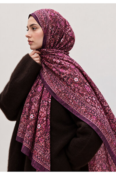 AGAPI Plum Ethnic Floral Patterned Cotton Hijab Shawl – Soft Textured Women's...