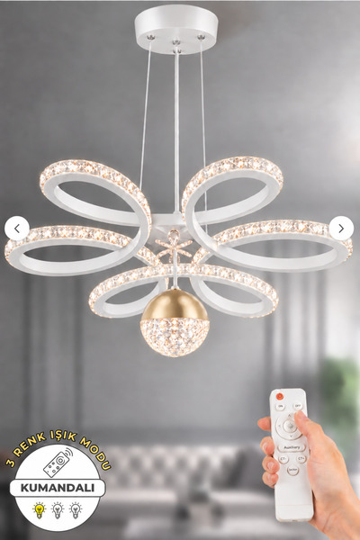 kra avize Asel Beyaz Gold Detaylı 3 Renk Kumandalı Ultra Süper Kristal Ledli ...
