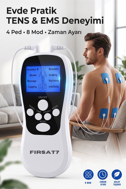 Fırsat7 TENS EMS CİHAZI 4 Elektrot Pedli 8 Modlu Zaman Ayarlı Şarjlı Dijital TENS EMS Vücut Masaj Cihazı