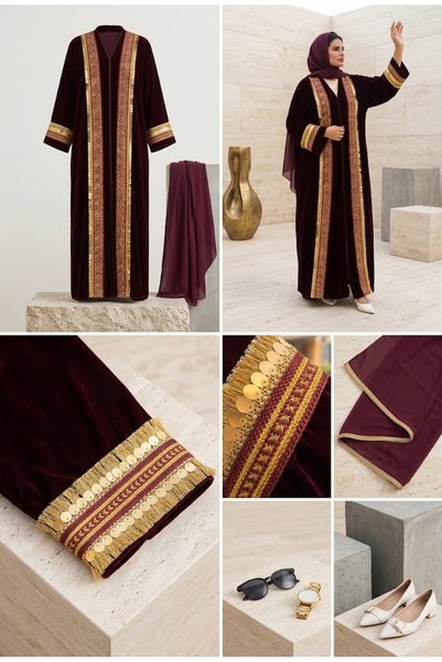 Lamis Nawar Code 13 Luxury Maroon Velvet Abaya - Gold Coin Fringe Trim & Cuffs