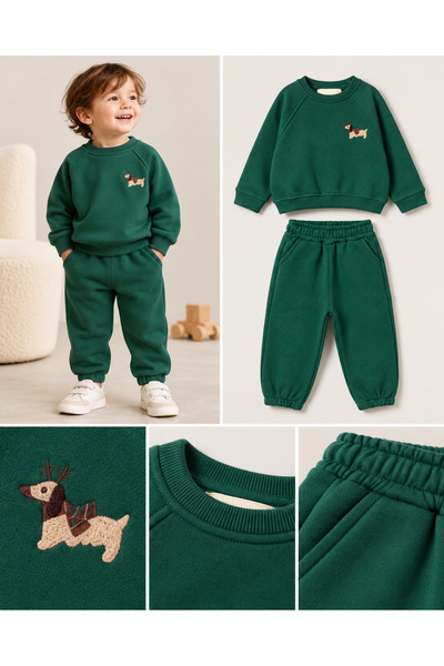 erayalpkids Boy's Dark Green Cute Embroidered Sweatshirt and Sweatpants Set