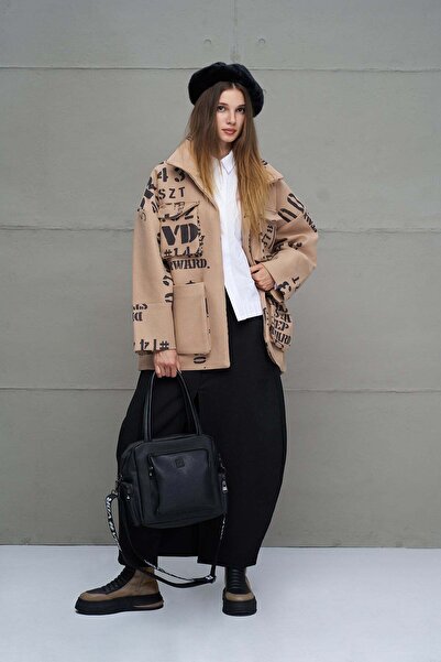 #vdr viadellerose Bej Siyah Desenli Oversize Ceket 18115