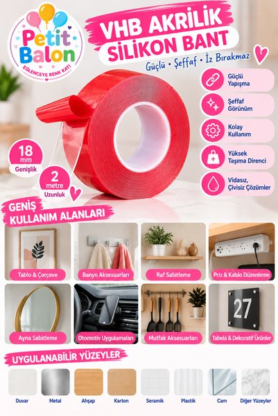 Çift Taraflı Akrilik Montaj Bandı 18 mm x 2 metre Güçlü Yapışkan İz Bırakmayan Slikonize Nano Sabitleme Bandı Cam Duvar Ayna Tüm Yüzeyler